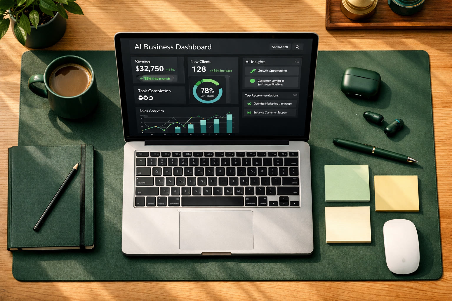 AI-powered business dashboard showing analytics and productivity metrics on a laptop in a clean workspace