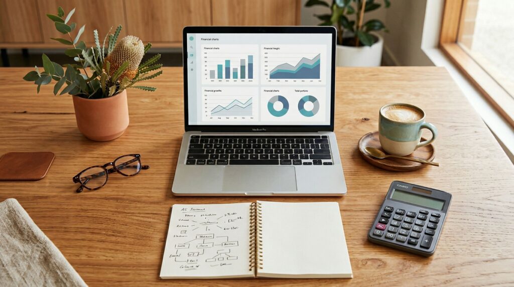 Business desk with laptop showing financial charts, notepad and calculator representing business coaching cost analysis in Australia