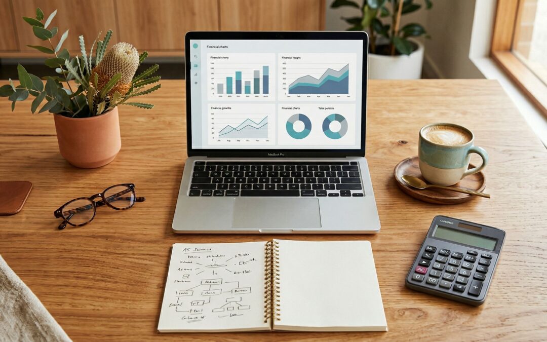 Business desk with laptop showing financial charts, notepad and calculator representing business coaching cost analysis in Australia