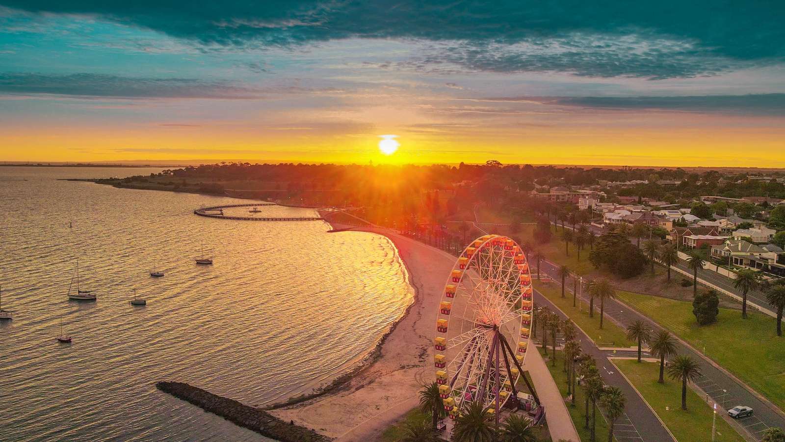 Aerial sunrise view of Geelong waterfront and harbour, Victoria, Australia