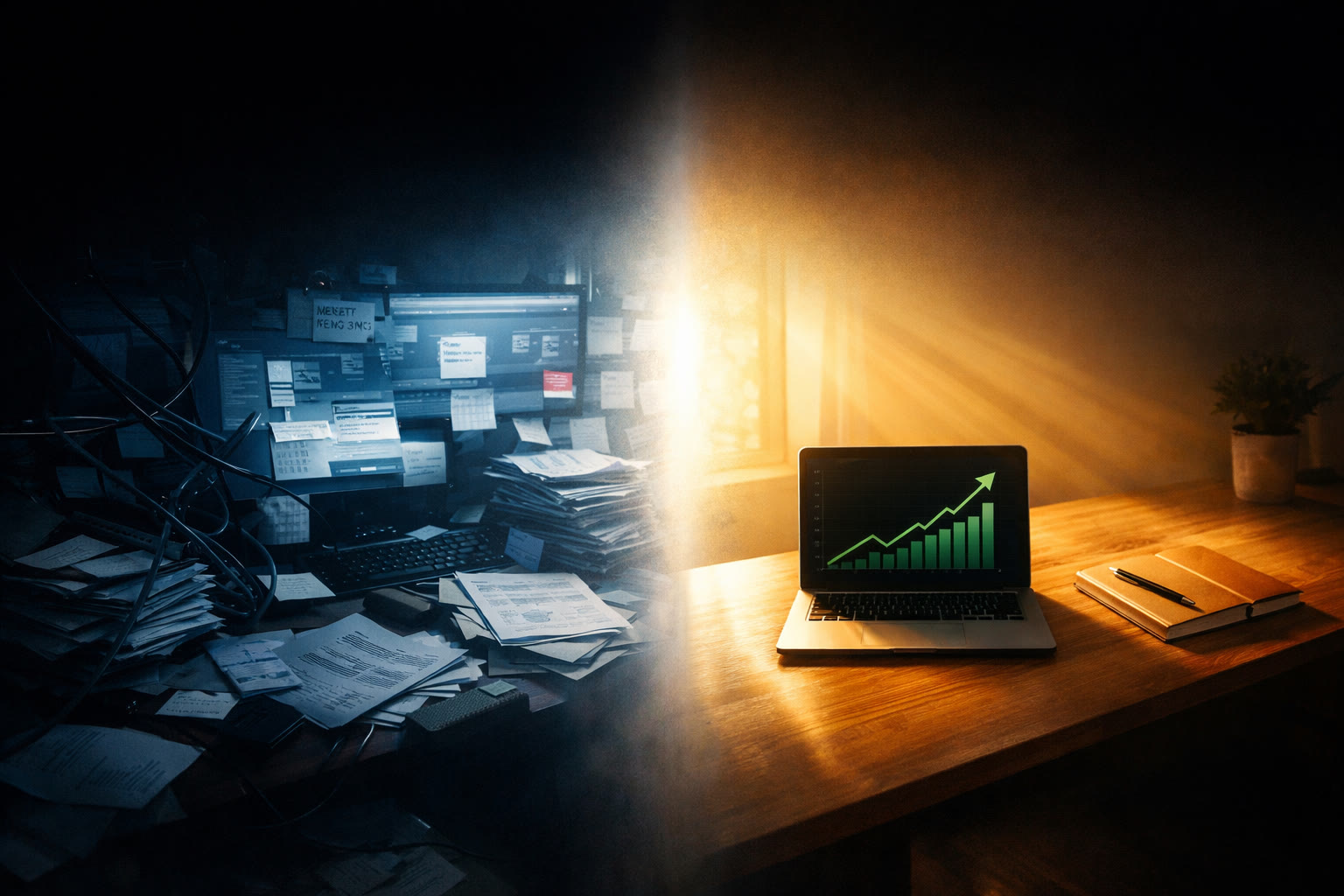 Business desk showing the transition from chaotic paperwork to a clean AI-powered dashboard, representing Candour Strategy's AI implementation coaching