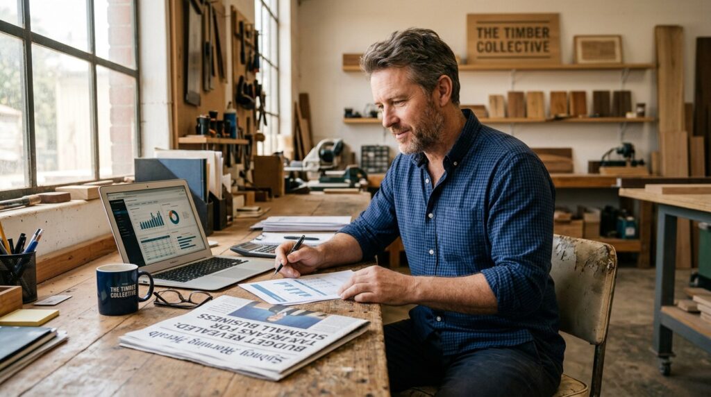 Australian small business owner reviewing the 2026-27 Federal Budget at their workshop desk