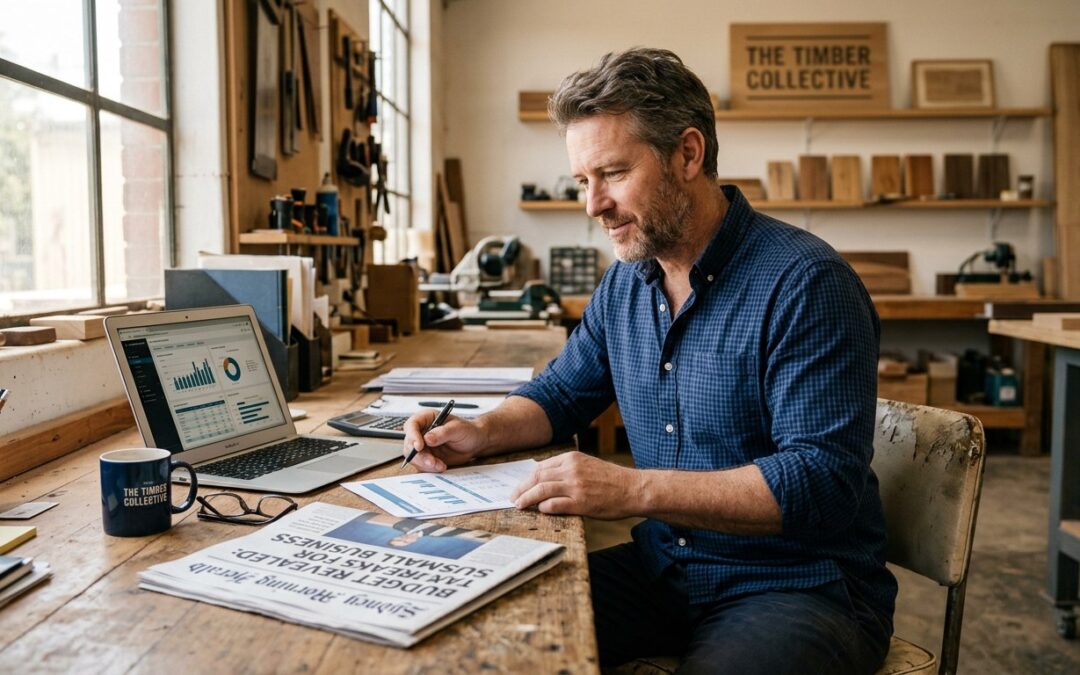 Australian small business owner reviewing the 2026-27 Federal Budget at their workshop desk
