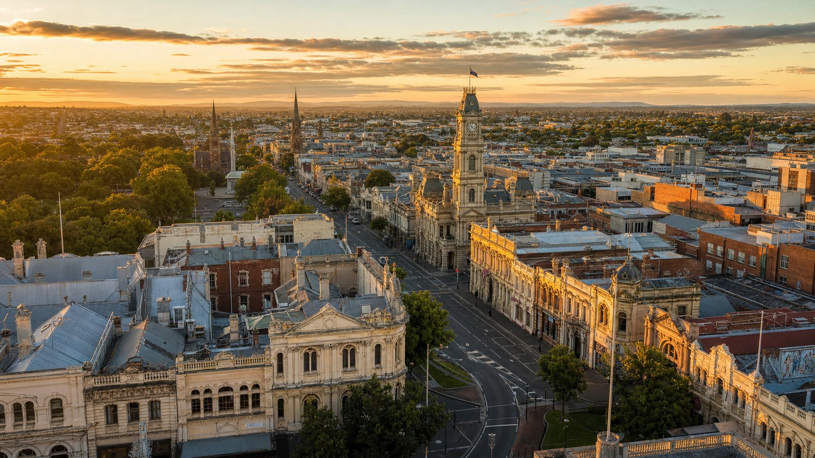 Aerial view of central Ballarat at golden hour featuring the Town Hall clock tower and heritage Sturt Street streetscape, Victoria, Australia