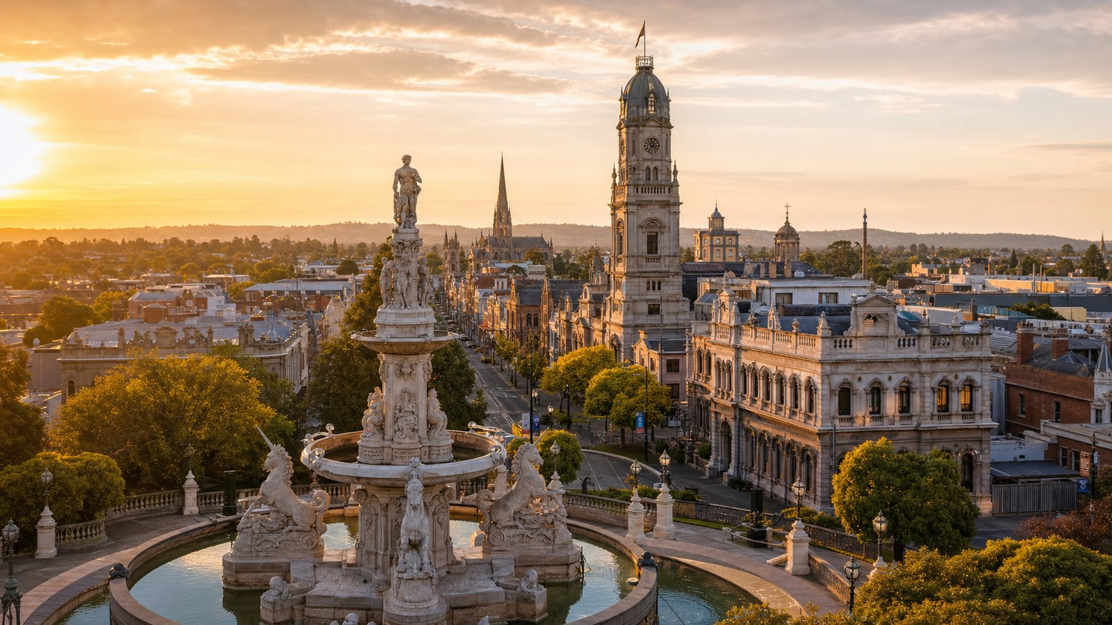 Aerial view of central Bendigo at golden hour featuring the iconic Alexandra Fountain, the Bendigo Town Hall, and the Sacred Heart Cathedral spire, Victoria, Australia